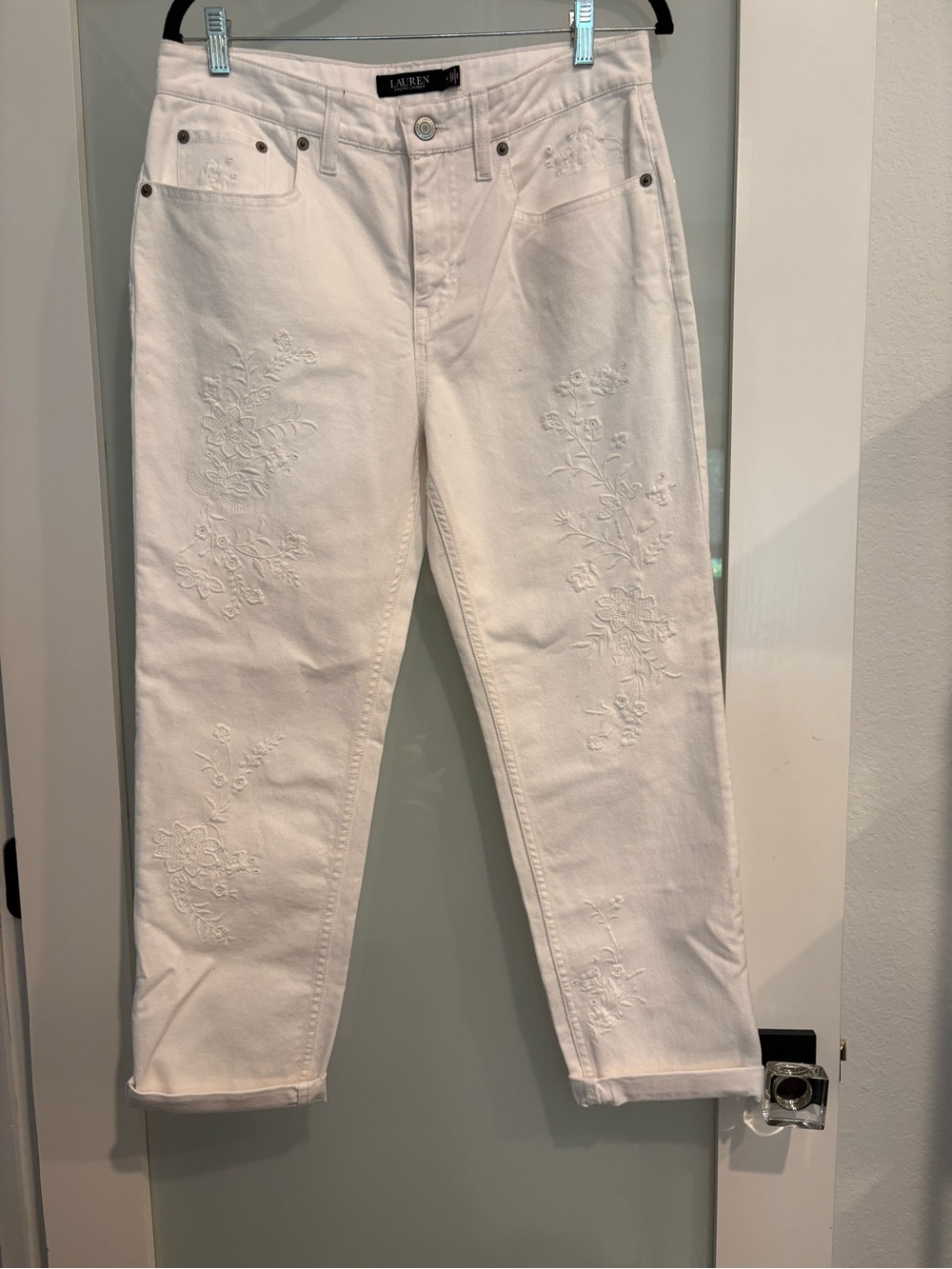 Lauren Ralph Lauren Embroidered Relaxed Tapered White Jeans NWOT